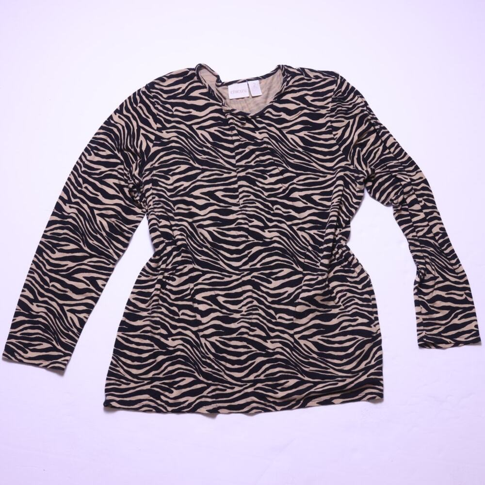 Chicos Zebra Tiger Print Long Sleeve Top Neutral Animal Print Stretch Top Size 2